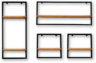 4-tlg. Set Wandregale, schwarz gerahmt - Eiche mit Baumkante, natur