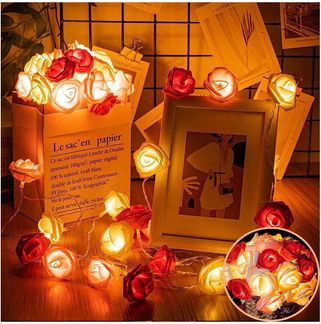 MUPOO LED-Lichterkette LED Nachtlicht 3M 20LEDs Girlande,Kunstblume Rose Warmweiß,Batterie, für Party Weihnachten,Blumengirlande Rose,LED Dekolicht