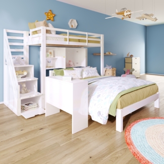 Merax Etagenbett mit Lagerregal, 90*200cm+140*200cm, Multifunktionales Kinderbett, Kinderetagenbett, Mit Aufbewahrungstreppe und Beweglicher Beistelltisch, Großer Stauraum, Ohne Matratze, Massivholz+MDF, Weiß