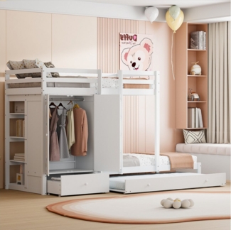 STILVORA Etagenbett 90×200 Kinderbett mit Schrank und Stauraum,Bettgestell ohne Matratze (mit Ausziehbett multifunktionales Kinderbett, mit Kleiderschrank, Schubladen und Ablagefach 90x200 cm), ohne Matratze