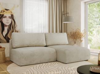 Ecksofa mit Schlaffunktion, lockere Kissen, Wohnzimmerecke mit L-förmigem und Bettkästen, Wellenfeder auf dem Sitz - VIVO - Beige Velours - rechte Seite
