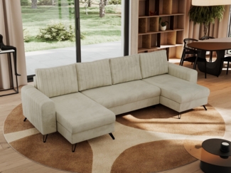 U-förmige Ecksofa, XXL Universalecke mit losen Kissen zum Wohnzimmer, Bettkästen und Schlaffunktion, schwarze Metallbeine - AXEL U - Beige Velours