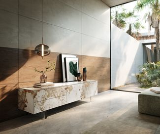 Lowboard Cuor 180 cm Keramik Minas Melange Weiß-Beige 1 Klappe 2 Schubfächer Fuß Schwebeoptik Acrylglas