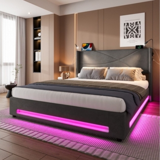 HAUSS SPOLE Polsterbett 140×200cm Doppelbett Jugendbett mit 2 Leselichtern & USB,Schwarz (hydraulischem Stauraum & integrierte USB-Anschlüsse & LED-Lichtleisten, dick gepolsterte Kopfteil,Stabiler Rahmen), für praktischen Komfort und Stil im Schlafzimm...