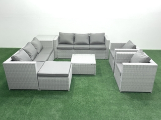 Fimous Rattan Sofa Gartenmöbel Set mit 2 Sesseln Quadratischer Couchtisch 2 Großer Hockern Beistelltisch Hellgrau gemischt