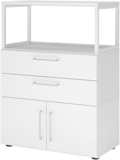 bümö flexi Schrank mit Flügeltüren, Regal & 2 Schubladen in weiß, Büroschrank mit werkzeuglosem Schnellmontage-Klicksysten in modularer Bauweise, FW38K1RG-W-W-BS