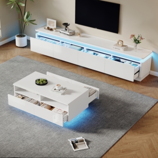 Merax Moderne, minimalistische, weiße Hochglanz-TV-Schrank-Couchtisch-Kombination, mit LED-Leuchten + 4 Schubladen, geeignet für 75-Zoll-Fernseher