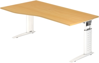 bümö höhenverstellbarer Schreibtisch U-Serie 180x100 Buche, Gestell in weiß - großer PC Tisch für's Büro manuell höhenverstellbar, Computertisch verstellbar, US-18-6-W