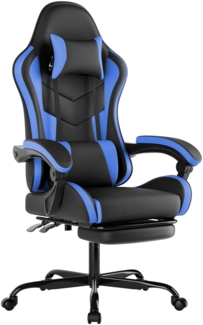 Gaming Chair, Ergonomischer Gaming-Stuhl mit Fußstütze und Lendenwirbelstütze, Kunstleder, Schwarz + Blau