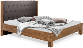 Möbel-Eins CORDINO 4-Fuß-Bett aus Eiche mit gestepptem Polster-Kopfteil, Material Massivholz Eiche geölt 120x200 cm gebürstet Kunstleder Braun