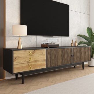 TV-Schrank 180x50x38cm Schwarz Holz,Lowboard mit 2 Türen, 3 Schubladen, Wellenmuster, Massivholzbeinen