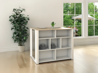 Vente-unique - Kücheninsel mit 7 Ablagen - Weiß & Eichefarben - OPOLE