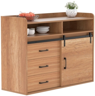 HOMAVO Sideboard HG1-S mit Schiebetür, 3 Schubladen & offenen Fächern, FSC-mix zertifiziert, Retro-Style