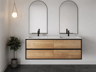 Vente-unique - Waschbeckenunterschrank hängend - Holzfarben hell & Schwarz - 150 cm - LANNICK