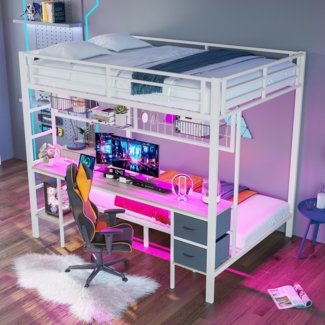 Etagenbett mit Schreibtisch und LED-Beleuchtung (90x200 cm/140x200 cm), Metallbett mit Rausfallschutz, Jugendbett