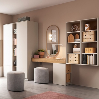 Lomadox Jugendzimmer-Set FIER-129, (Sparset, 5-tlg, Kleiderschrank Schreibtisch Regale), kaschmir mit Eiche, grifflos