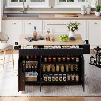 Kücheninsel auf Rollen 137 x 70 x 89,5 cm aus MDF/Melamin, klappbare Arbeitsplatte, Natur/Schwarz