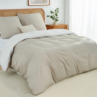 Topfinel Bettwäsche 135x200cm, Seersucker Bettwäsche-Sets, bügelfrei, allergiker, kühlende, 100% Mikrofaser, 3 teilig, 3-tlg. Beige/Weiß:1 Btz. 200x200+2 Ktz. 80x80, m. Reißvers.