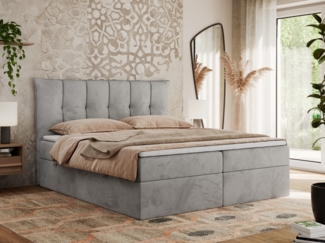 Boxspringbett, Polsterbett mit Bettkasten - PREMIUM-10 - 200x200cm - Hellgrau Velours - H3