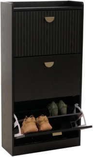 Schuhschrank HWC-O39, Schuhkipper Schuhregal 3 Klappen Klappfächer MDF Melamin Metall 117x60x24cm ~ Holzoptik schwarz