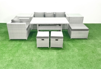 Fimous Rattan Gartenmöbel Essgarnitur 7 Sitzer Lounge Sofa Stuhl Esstisch Set mit 3 Fußhockern 2 Beistelltischen Hellgrau gemischt