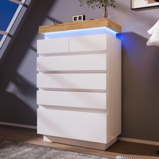 Merax Kommode, Hochglanz Sideboard mit 6 Schubladen, LED Beleuchtung (App Control), Mehrzweckschrank für Wohnzimmer und Schlafzimmer, 115 x 73 x 39 cm, Weiß