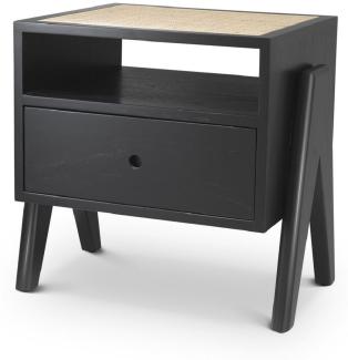 Casa Padrino Luxus Nachttisch Schwarz / Naturfarben 58 x 45 x H. 55,5 cm - Massivholz Beistelltisch mit Rattangeflecht - Luxus Schlafzimmer Möbel