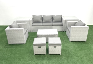 Fimous 7-Sitzer Polyrattan Gartenmöbel Set mit 3-Sitzer Sofa 2 Sesseln Rechteckiger Couchtisch 2 kleine Fußhockern 2 Beistelltischen Hellgrau gemischt