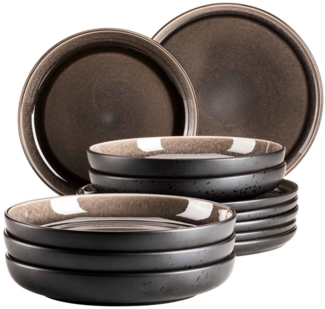 Modernes Teller Set fr 6 Personen in aufregendem Vintage Look, 12-teiliges Tafelservice aus Keramik in Grau und Schwarz