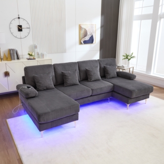 LVHOM U-Form Ecksofa mit Schlaffunktion & LED-Beleuchtung, Wohnzimmersofa mit USB-Anschluss, Cord Stoff Couch Sofa