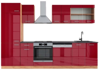 Küchenzeile R-Line Rot Hochglanz/Goldkraft Eiche 300 cm , AP Anthrazit Vicco