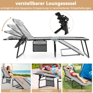 Sonnenliege mit Kopfstütze und Seitentasche klappbare Gartenliege mit Verstellbarer Rückenlehne Grau