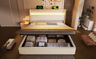 Bett Polsterbett 140x200 cm hydraulisch mit hohem Leinen-Kopfteil, integrierter LED-Beleuchtung & USB/Type-C, großer Stauraum, Beige