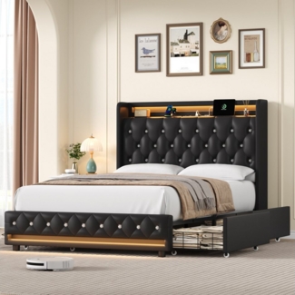 Homfa Polsterbett 140x200 Bett Doppelbett Bettgestell, mit Ladefunktion und 4 Schubladen, LED-Beleuchtung, ohne Matratze