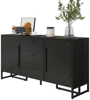 MODFU Sideboard Modernes Küchenschrank (Elegantes schwarzes Sideboard mit Fischgrätenmuster und 2 Türen, 3 Schubladen – für Esszimmer, vielseitige Aufbewahrungslösungen)