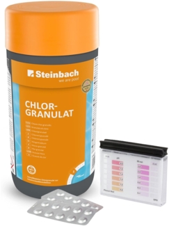 Steinbach | Poolpflege Test-Set | Chlorgranulat 1 KG & Testkit für pH-Wert/Chlor | ideal zur Wasserkontrolle, Erstdosierung & Schockbehandlung | Poolwasser sauber & kristallklar