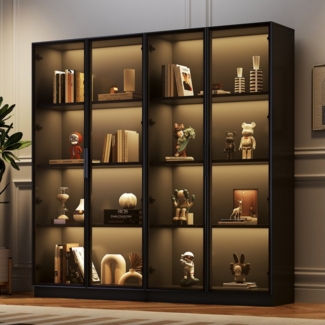 Merax Glasvitrine mit Glastüren inkl. LED (2-St) Hochschrank mit verstellbaren Einlegeböden,Bücherschrank,Standvitrine