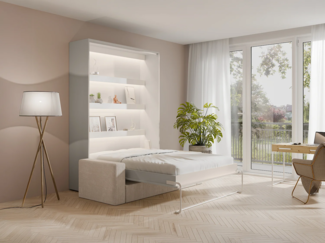 Vente-unique - Schrankbett 140 x 200 cm - Manuelle vertikale Öffnung - Mit LEDs - Beige + Sofa - RAPILI