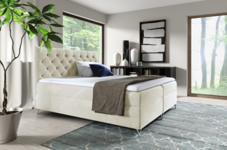 MEBLINI Boxspringbett GIULIA 200x200 cm mit Bettkasten – H3/Creme Samt Polsterbett - Doppelbett mit Topper & Taschenfederkern-Matratze