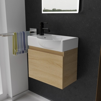 Alpenberger Badmöbel-Set - Gäste WC Waschbecken mit Unterschrank 45 cm Breit, (Badschrank 2-tlg, Waschtisch hängend), Waschbeckenunterschrank mit Softclose - Eiche Hell - Rechts Becken
