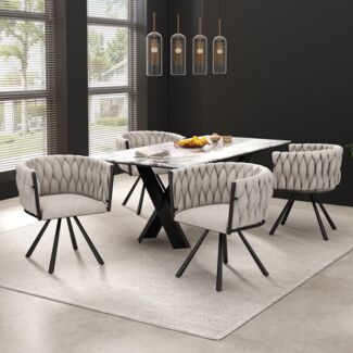 Merax Leinen-Esszimmerstuhl, 4er set, Schlafzimmer-Drehstuhl, Freizeit-Drehstuhl mit vier Stützbeinen aus Metall, Leinen beige und schwarz