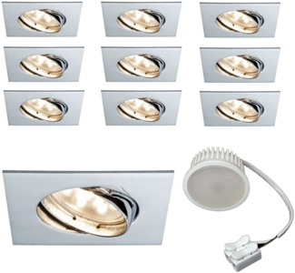 9x 5W Paulmann Einbauleuchten Set Coin Satin eckig schwenkbar inkl Mili LED 3000K, 51mm Chrom/Alu Zink Silber Einbau Warmweiss 18354