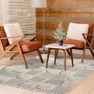 Teppich Wohnzimmer - Patchwork - 160x230 cm - Creme Grau - Fransen Deko Boho Flauschig - Cut & Loop Sisal - Schlafzimmer Flur Dekoration Läufer