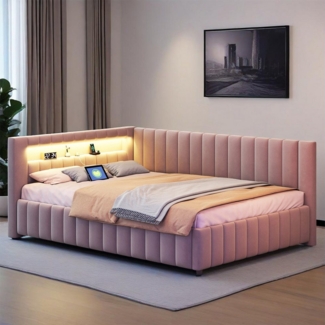 MODFU Polsterbett Kinderbett (140x200 cm mit LED-Lichtstreifen, USB-Ladeanschluss & L-förmigem Design, Polsterbett, Samtbezug, stabiler Lattenrost, Rückenlehne & Kopfteil), mit Matratze