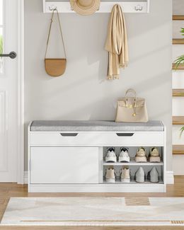 Schuhbank, Schuhregal mit Sitzfläche, Schuhbank mit Stauraum, Stauraum Oben, Platz Sparen, für Wohnzimmer, Foyer und Eingangsbereich, 40 x 110 x 50,5 cm, Weiß