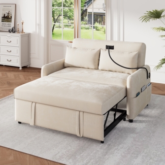 Ausziehbares Schlafsofa 2-Sitzer mit USB-Anschluss & verstellbarer Rückenlehne mit Kissen und Stauraumtaschen,multifunktionales,Beige
