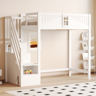 Flieks Hochbett Kinderbett 90x200cm mit Stauraumtreppe (Links und Rechts Austauschbar)