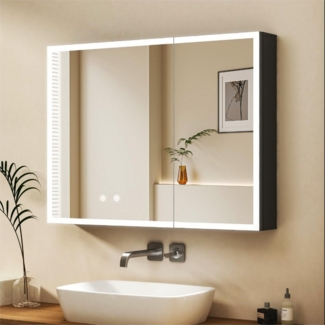 WDWRITTI Badezimmerspiegelschrank mit Beleuchtung 80 x 60 cm, Spiegelschrank Schwarz mit touch, 2 türen (Alu Schrank, Doppelseitiger Spiegel, 3Lichtmodi, Dimmbar, Anti-fog, Memory) mit Netzadapter, Verstellbare Glasböden