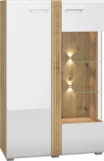 Wohnzimmer Vitrine Highboard Eiche Castello Nb. mit weiß Hochglanz AKRON-131 MDF Front mit edler Fräsung, B/H/T: ca. 92/143/42 cm