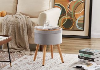 Runder Sitzhocker mit Stauraum aus Samt und Massivholz mit Wendedeckel Grau, 36D x 36W x 45H cm